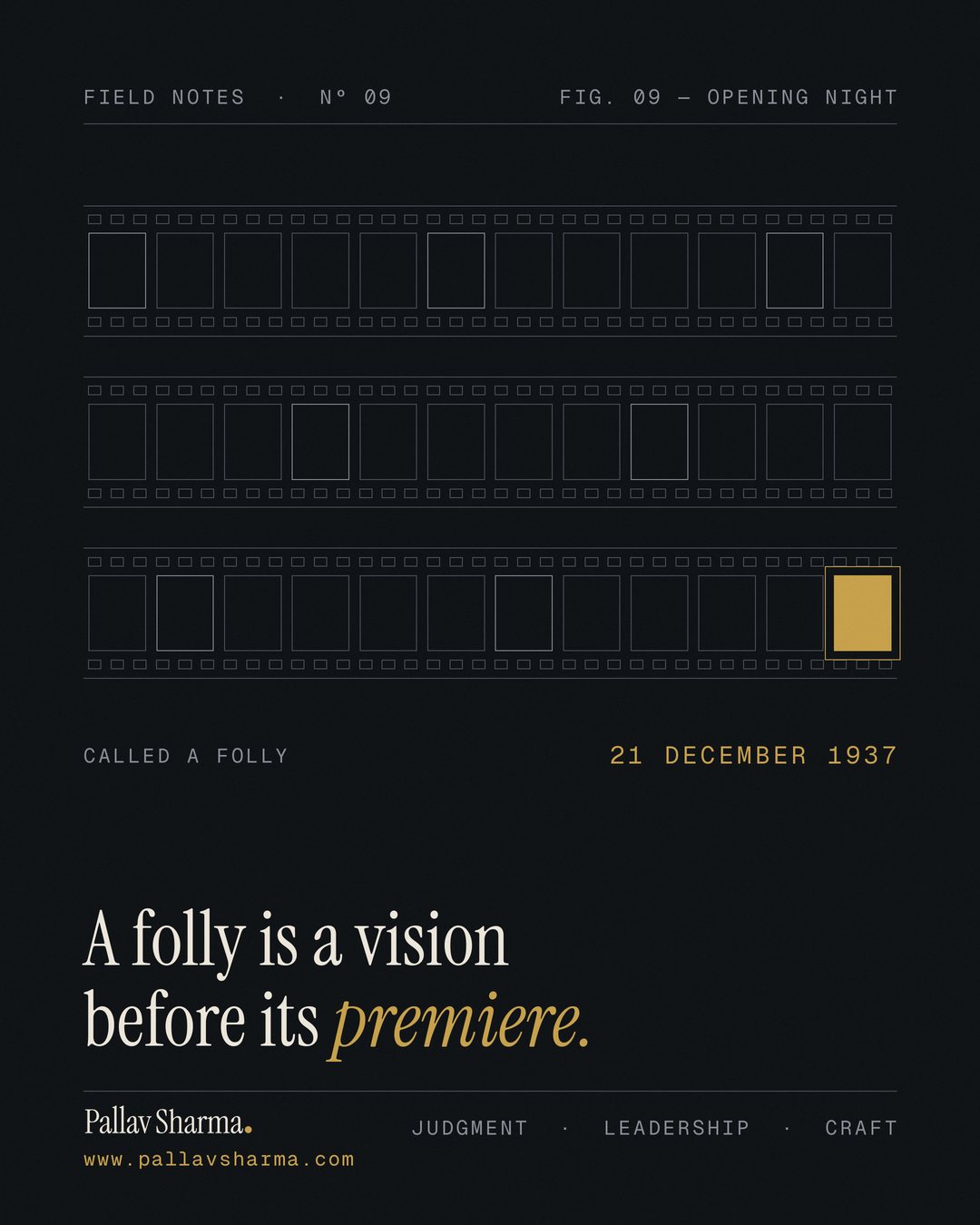 A strip of film on a dark background: three rows of faint empty frames with sprocket holes; the last frame is filled in gold. Labels: 'Called a folly' and '21 December 1937'. Headline: 'A folly is a vision before its premiere.' Pallav Sharma, www.pallavsharma.com.
